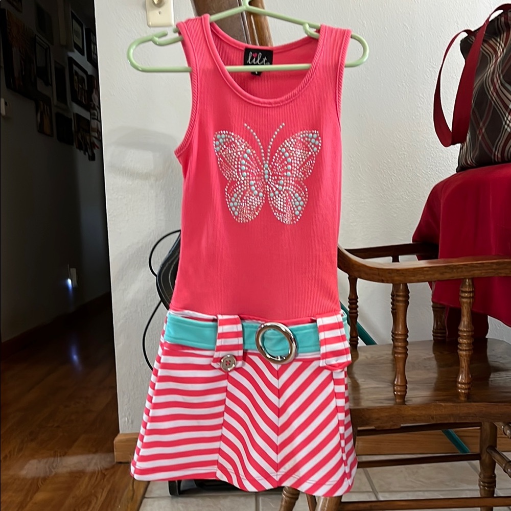 Pink Butterfly Tank Dress with Striped Skirt